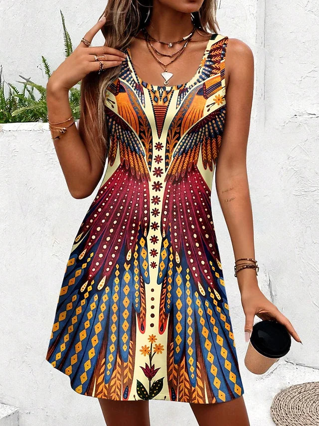 Women's Summer Dress, Casual Holiday Long Dress Regular Fit Pattern Geometric Half Sleeve Round Neck Summer Spring Autumn