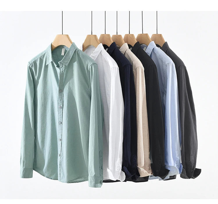 7369 Cotton Linen White Shirt for Men Good Quality Solid Color Simple Basic Long Sleeve Loose Casual Lapel Blouse Breathable Top