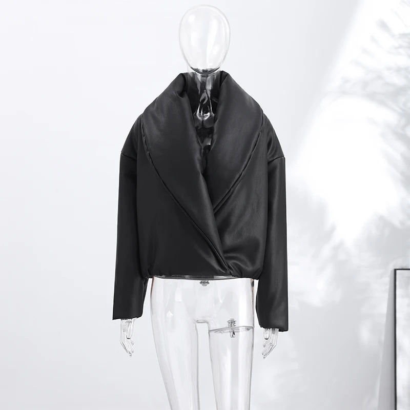 Solid Leather Turn Down Collar Cotton Coat 2026 Winter Ladies Warm Pockets Cropped Padded Jackets Women's High Street Outwear