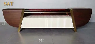 yt-Modern Living Room Walnut Glass Top Stainless Steel Cabinet TV Stand-