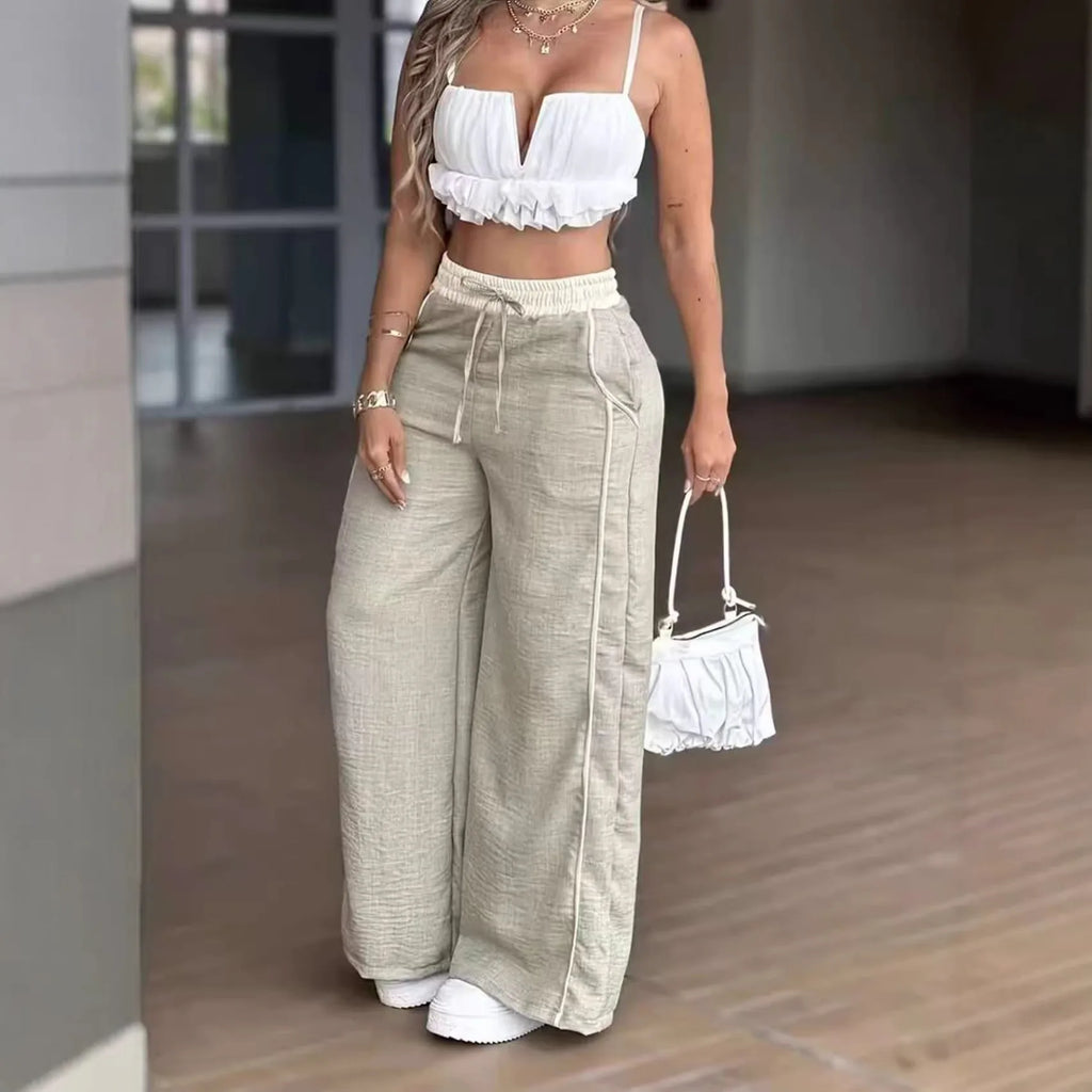 Women's Fashion Casual High Waist Straight Wide Leg Pants Color Block Patchwork Pockets