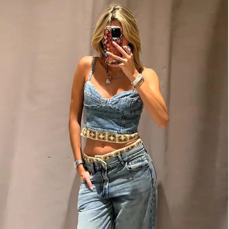 Crochet Splicing Cropped Top Jeans Set 2026 Summer New Ladies Sexy Backless Tank Top Straight Leg Denim Pants Women's Outfits