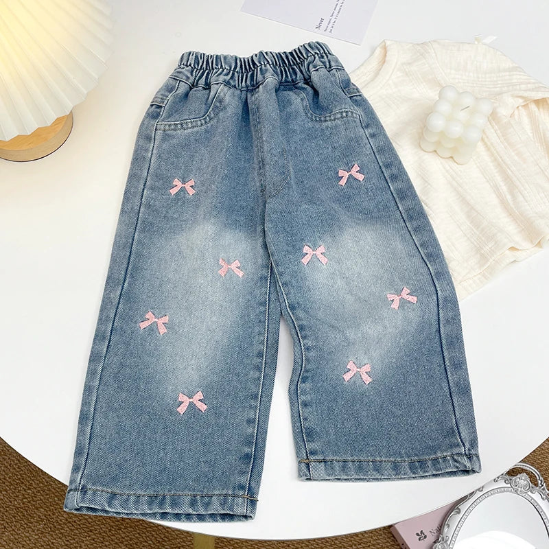 Girls' Jeans Straight Wide Leg Washed Soft Cow Pine Girl All-Match Wide and Long Pants Spring New