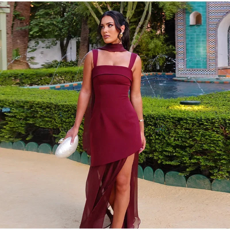 Boho Chic Elegant Mesh Patchwork Sling Dress Sexy Loose Sleeveless Split Scarf Long Dress Female 2026 New Party Evening Dresses