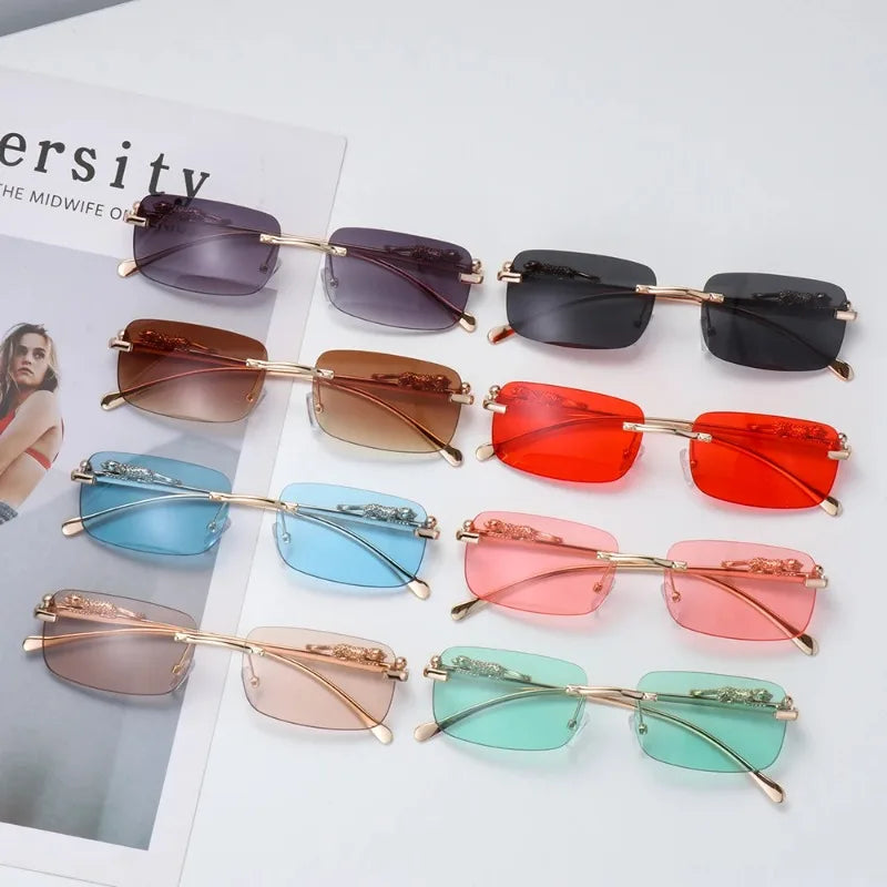 Unisex Luxury Rimless Square Sunglasses - Brand Designer Leopard Head Metal Shade Eyewear Travel Driving