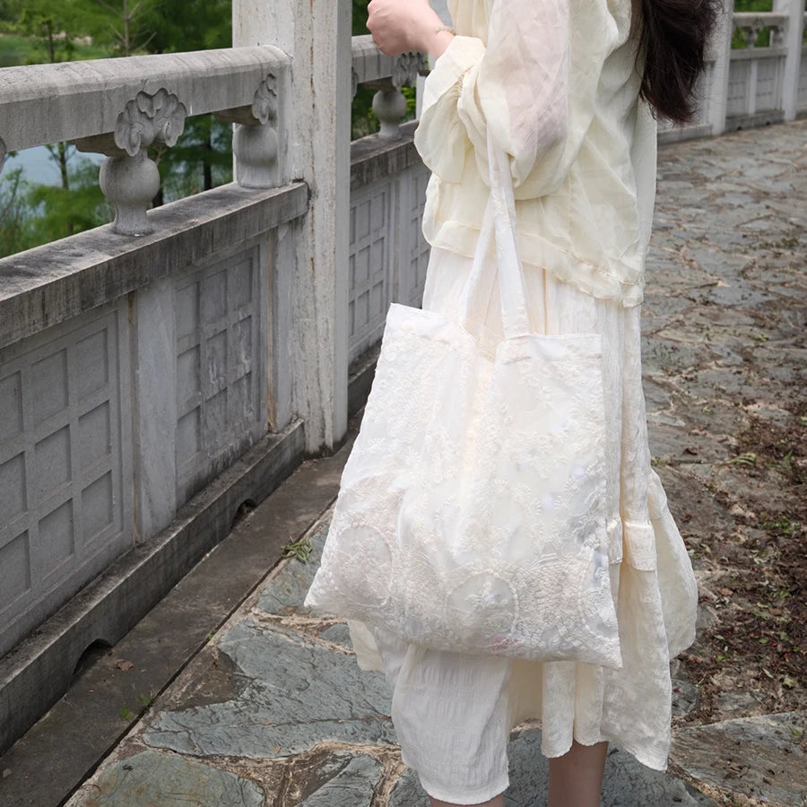 French Retro Chinese Style Lace Embroidery Organza Handbag Portable Shopping Daily Storage Bag For Women Daily Casual Use
