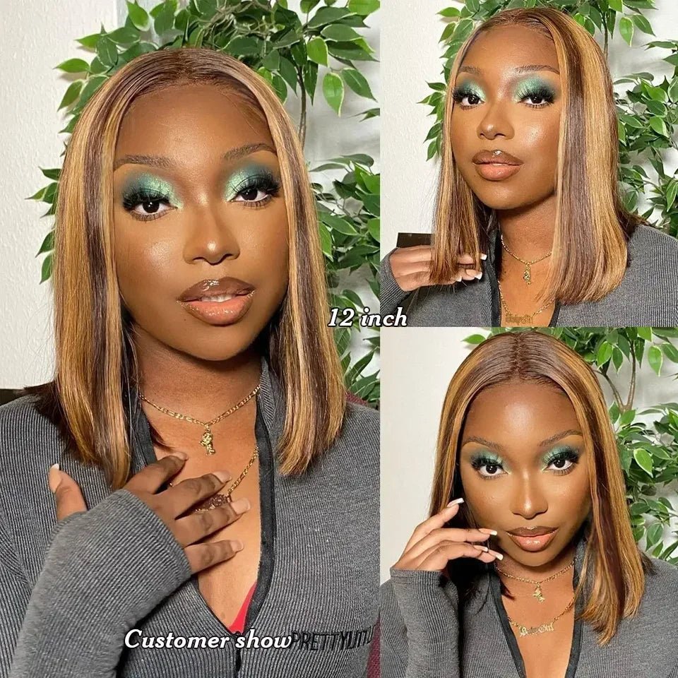 200% Density Short Bob Wigs Highlight Straight Lace Front Wigs Blonde 13x4 Transparent Lace Front Wig 100% Human Hair 427#16Inch