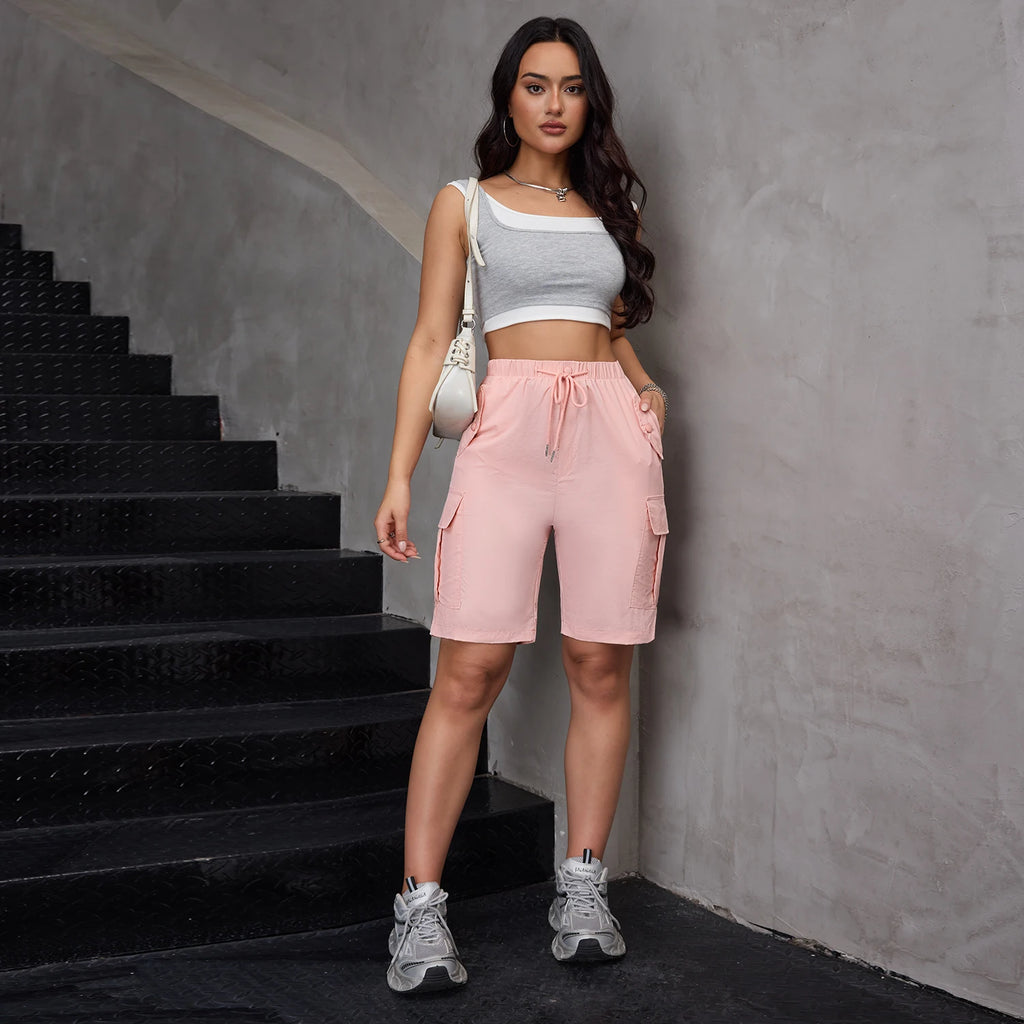 Women High Waist Cargo Pocket Shorts Cool Girl Style Streetwear Summer Wide Leg Pants Fashion Commute Female Loose Shorts