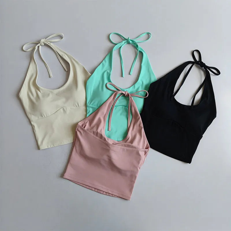 Women's Slimming Halter Neck Tube Top Yoga Vest One Cup Back Sling Fixed Gather Gym Outerwear for Summer Sexy Fitness Bras