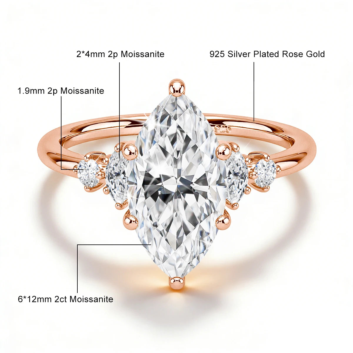GRA Certified 2CT Marquise Cut Moissanite Ring Solid 14K Gold Filled Non Tarnish Diamond Wedding Rings for Women High Quality