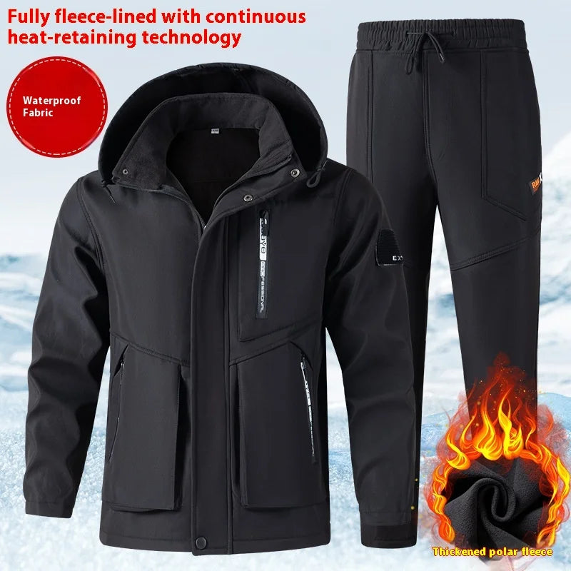Winter Fleece Lined Thickened Windbreaker Work Suit Men Cold Proof Warm Waterproof Workwear Outdoor Labor Uniform