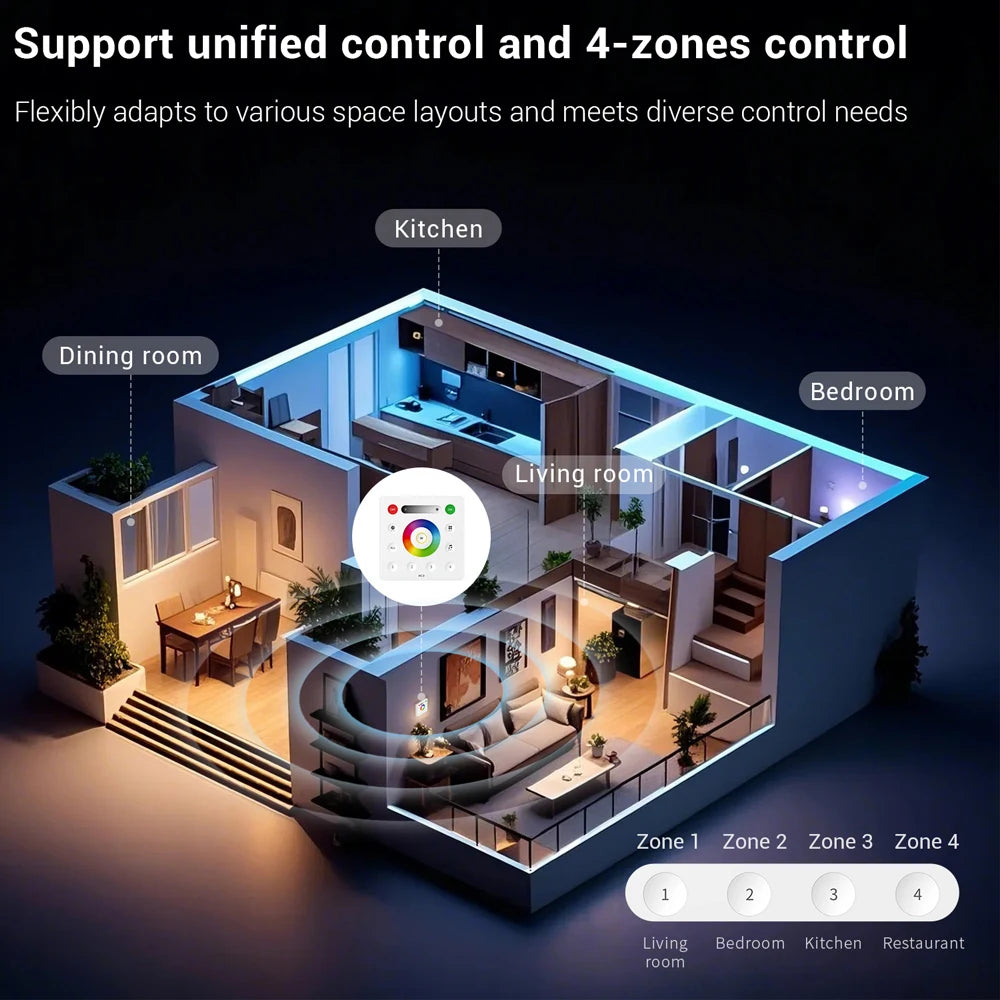 5m 10m 20m RGB+CCT LED Strip 24V 5050 Colorful+Dual White Flexible Dimmable Room Party Light Decor RF Touch Remote Control Kit