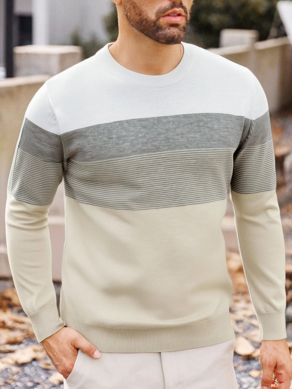 Men Spring Autumn Crew Neck Color Block Horizontal Striped Knit Sweater Long Sleeve Slim Casual Pullover Tops