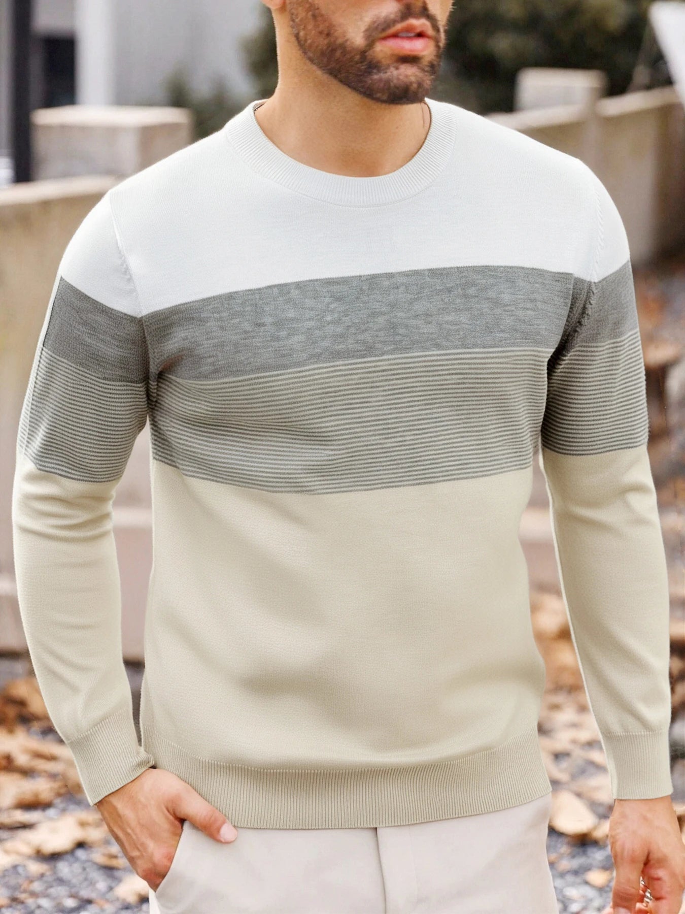 Men Spring Autumn Crew Neck Color Block Horizontal Striped Knit Sweater Long Sleeve Slim Casual Pullover Tops