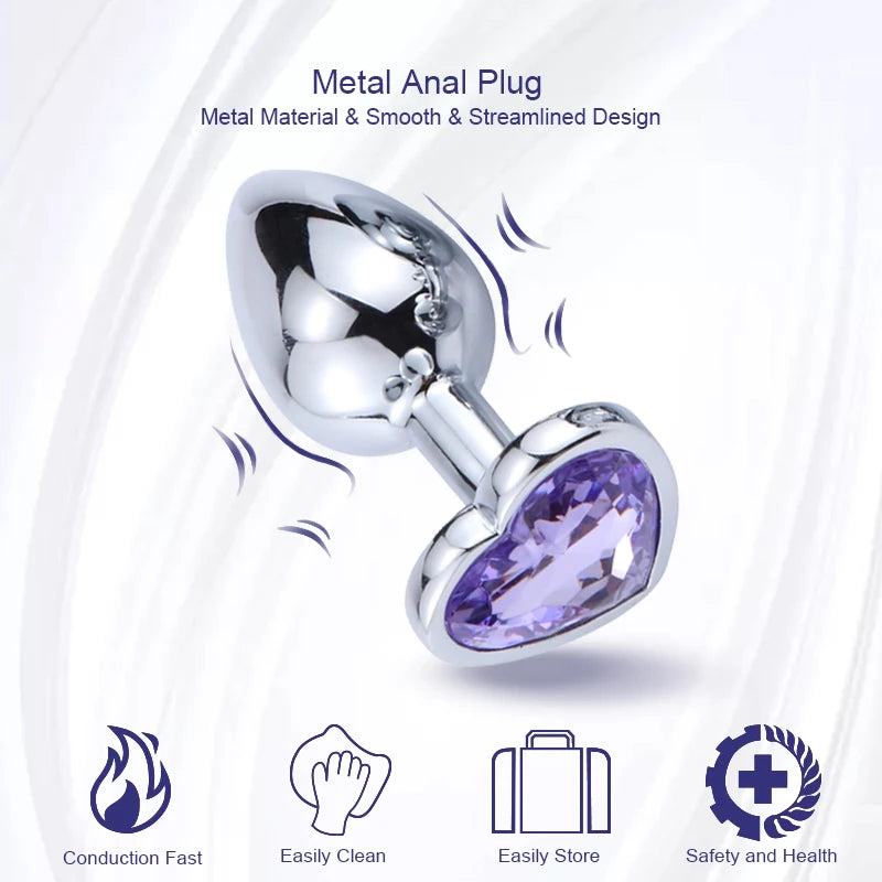 Luxury Heart Gem Metal Anal Plug Training Set Stainless Steel Butt Plug Kit for Beginners Men Women Couples Erotic Bedroom Game