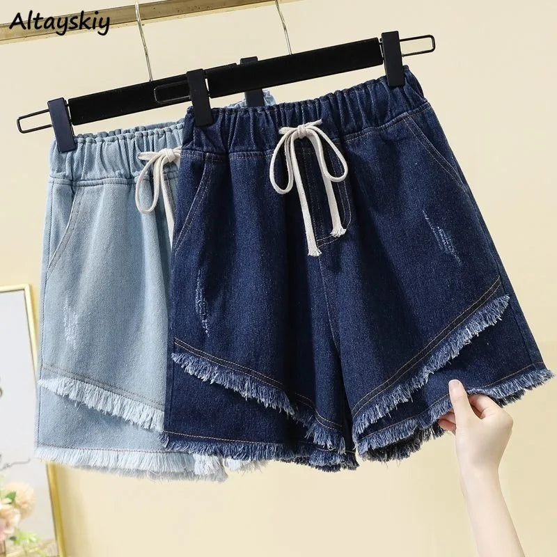 Denim Shorts for Women Korean Style Young College Girls Clothing Summer Elastic Waist Fashion Soft Loose Streetwear Chic Pockets