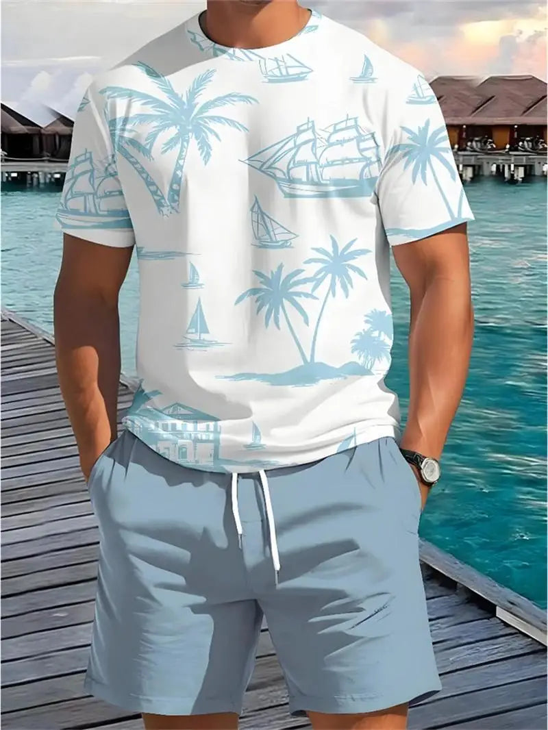 2025 Summer New Men's Short-sleeved Top Palm Tree Print T-shirt Fashion Vacation Beach Casual Pattern