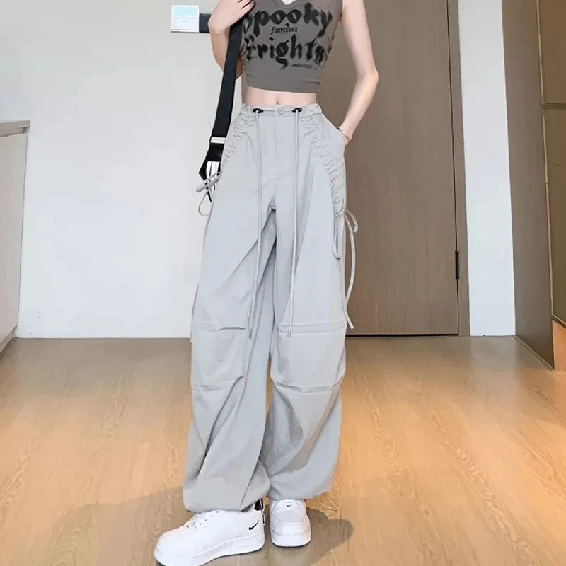 2026 Spring Summer New Women Pants Drawstring High Waisted Female Wide Leg Trousers Casual Vintage Korean Ladies Slim Work Pants
