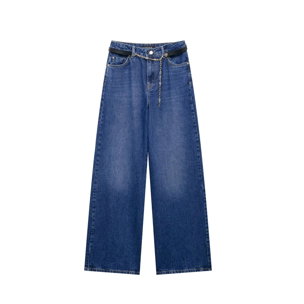 HH 2025 Summer Women Fashion Denim Trousers Set Solid Cropped Vest Top + Chain Lace Up Versatile Female Wide Leg Long Pant