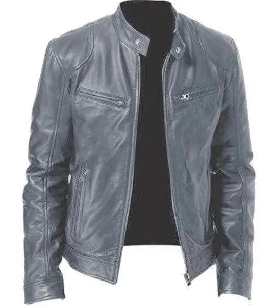 2023 Fashion Mens Leather Jacket Slim Fit Stand Collar PU Jacket Male Anti-wind Motorcycle Lapel Diagonal Zipper Jackets Men