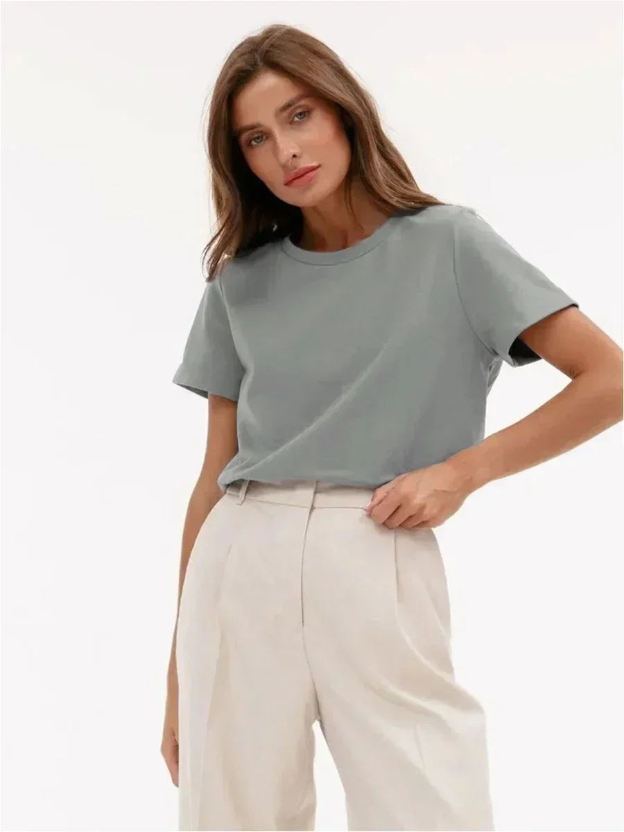 Summer 100% Cotton Women's T-shirt Bottoming Basic Fashionable Lady Short Sleeve Loose Tops Shirts Solid 200g/㎡ Tops