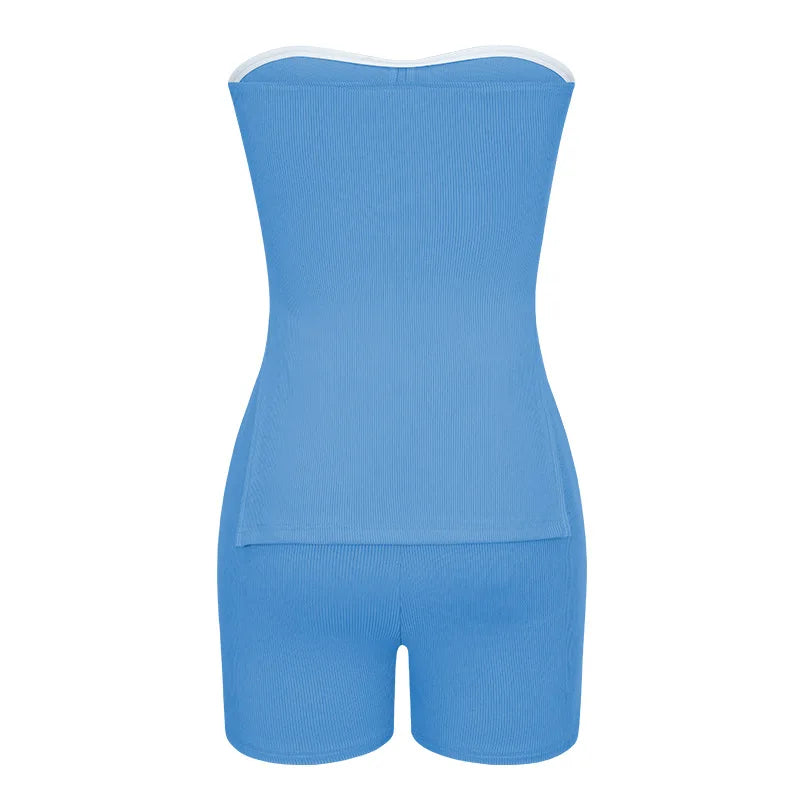 Sexy Solid Slim Suit For Women Fashion Strapless Side Split Top Elastic Waist Package Hip Shorts Two Piece Set 2026 Summer New