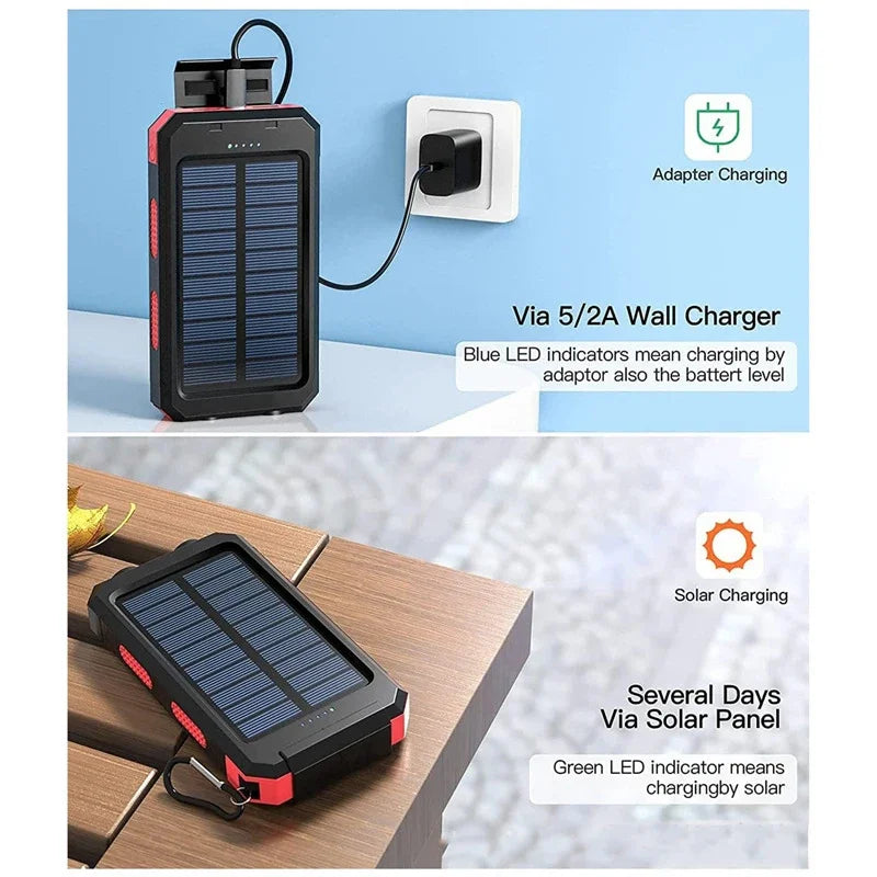 200000mAh Solar Power Bank Waterproof Portable Solar Panel Powerbank External Battery Charger Powerbank with LED Camping Light