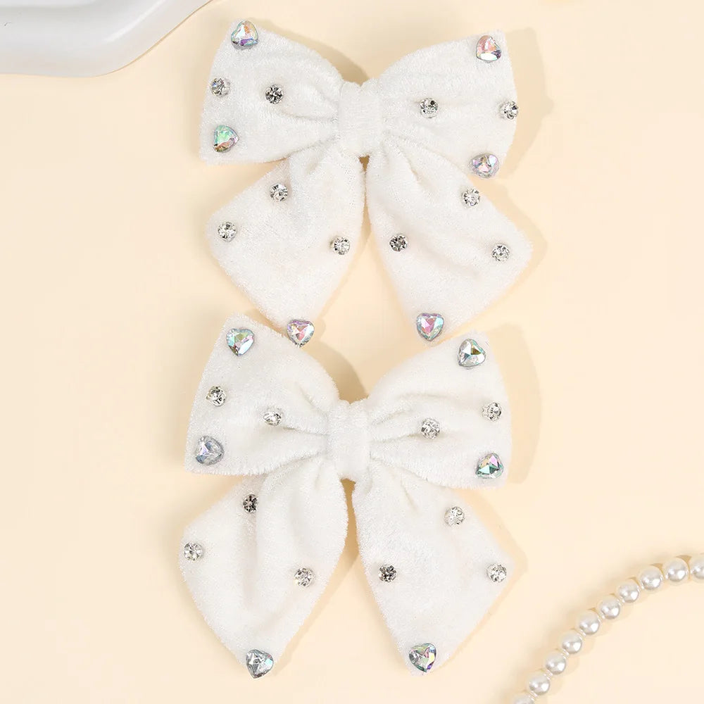2Pcs Girls Velvet Bow Hair Clips Elegant Heart Shape Rhinestones Hairpins Vintage Burgundy Barrette Fall/Winter Hair Accessories