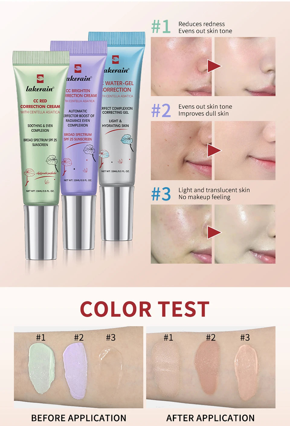 3Pcs Free Brush Color Changing CC Cream Centella Korean Liquid Foundation Long Lasting Face Base Makeup Foundation