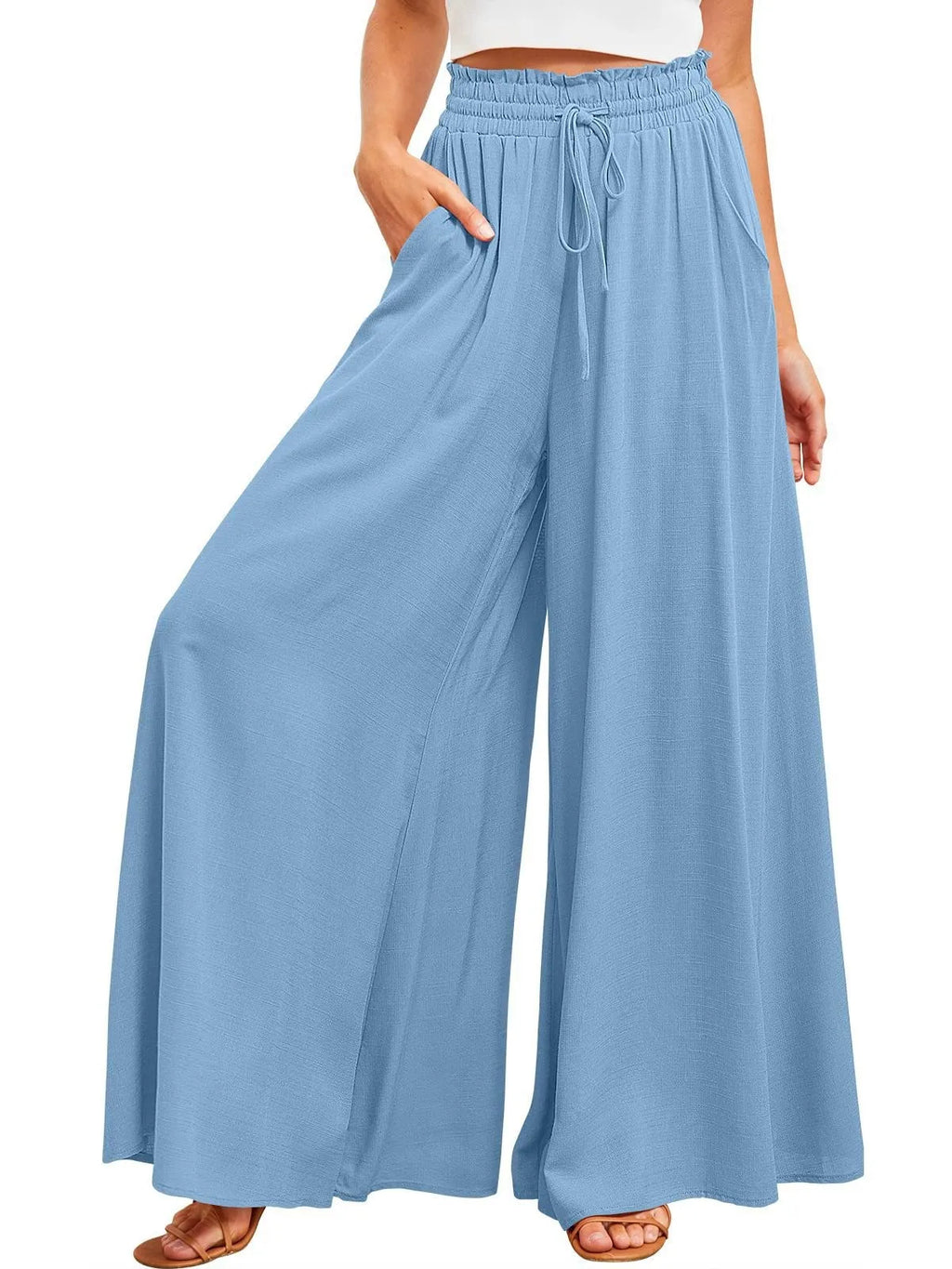 Women's Elastic Long Palazzo Pants Casual Urban Style Tie Detail Polyester Blend Woman Clothes Female Clothing Women's And
