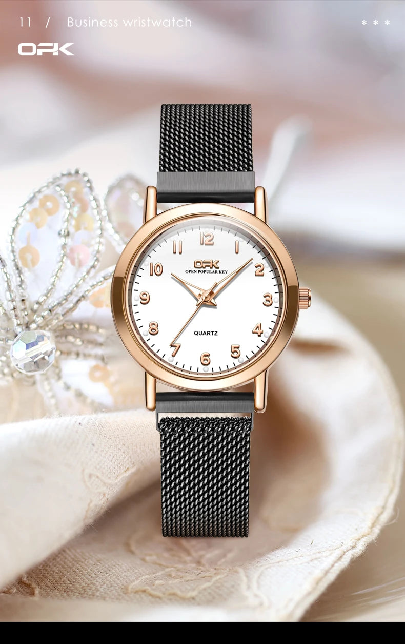 OPK 8115 Women Watch Fashion Business Simple Stainless Steel Mesh Belt Waterproof Luminous Women Watch Elegant Dress Women Watch