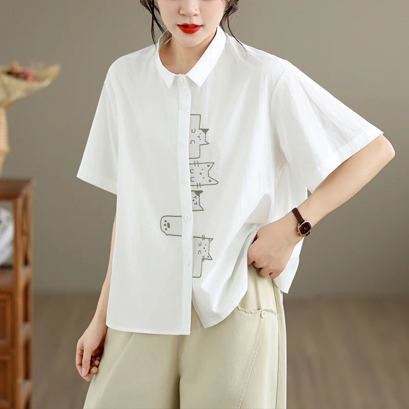 White Oversized Casual Short Sleeve Embroidered Shirt Loose Fit Versatile Slimming Style Women's Cotton Shirt Summer 2026