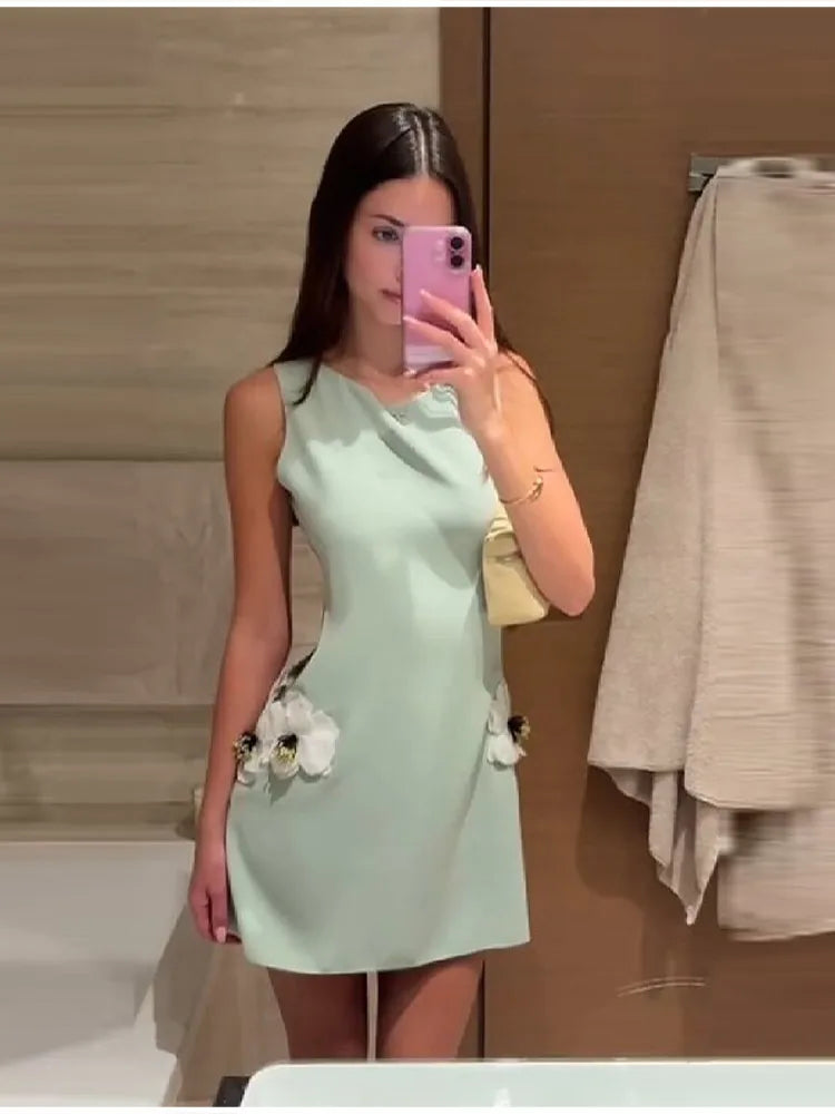 Women's Elegant 3d Flower Sleeveless Mini Dress Lady Light Green Vacation Party Dresses Stylish Female New Trend Summer Clothes