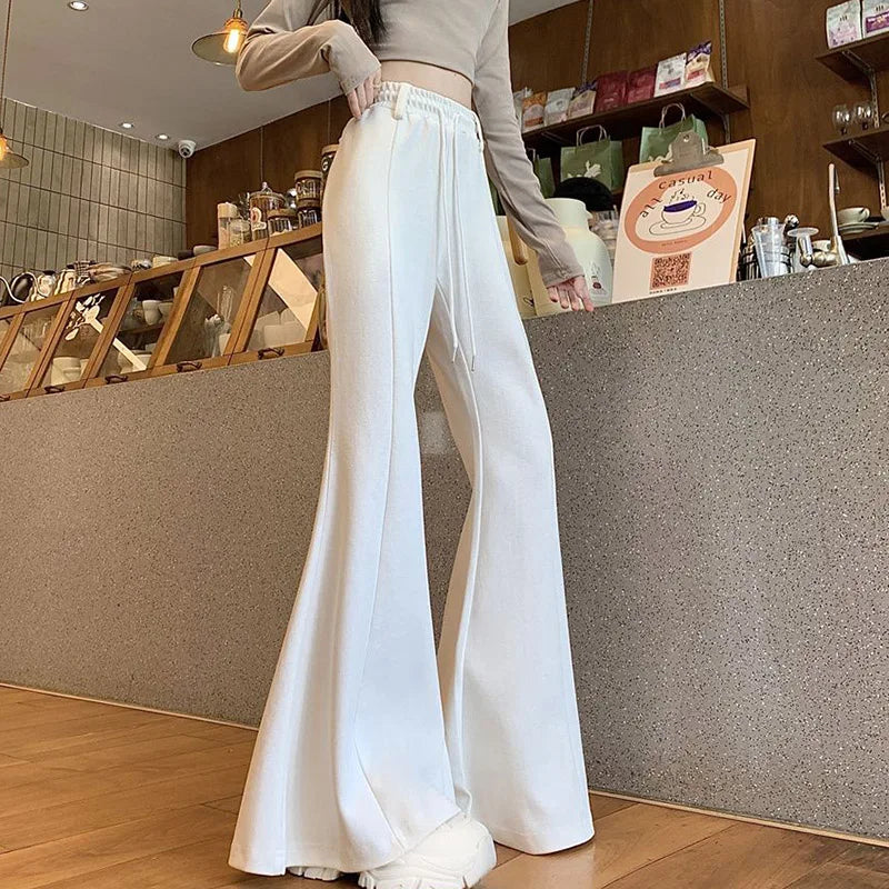 Girls Designer High Waist Flared Pants Lady Korean Slim Fit Casual Trousers Women Chic Drawstring Straight Leg Pants