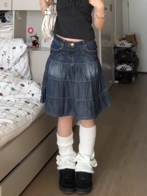 Women Denim Skirts Loose A-line High Waist Jupe Fashion Summer Korean Saia 2025 Faldas Mujer De Moda Vintage Casual Y2k Skirt