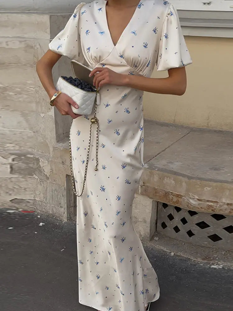 Casual Print Long Slim Dress Women Short Puff Sleeve Closed Waist V-neck Dresses Female 2026 Summer Autumn Lady Robes Chic