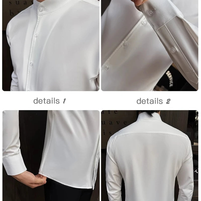 2026 Spring New Chinese Style High End Stand Up Collar Shirt Men's Long Sleeve Elastic Slimming Top Social Dress Shirt