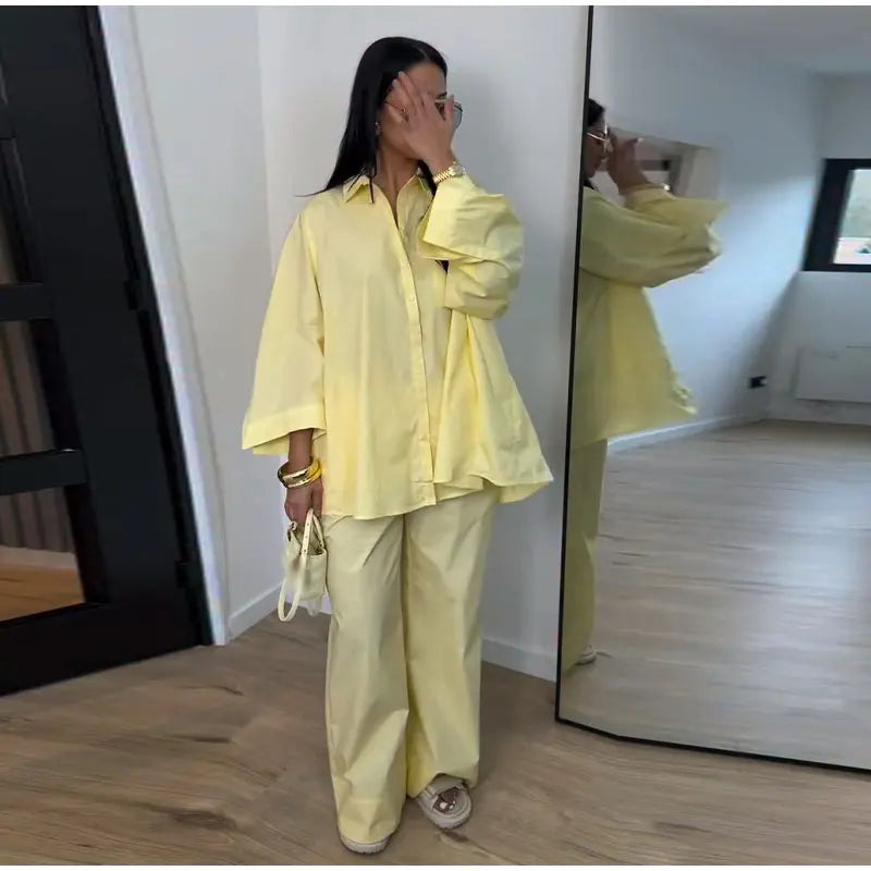 Loose Striped Contrast Wide Leg Pants Set Women Oversized Lapel Single Breasted Shirt Trousers 2026 Summer Lady Casual Outfits