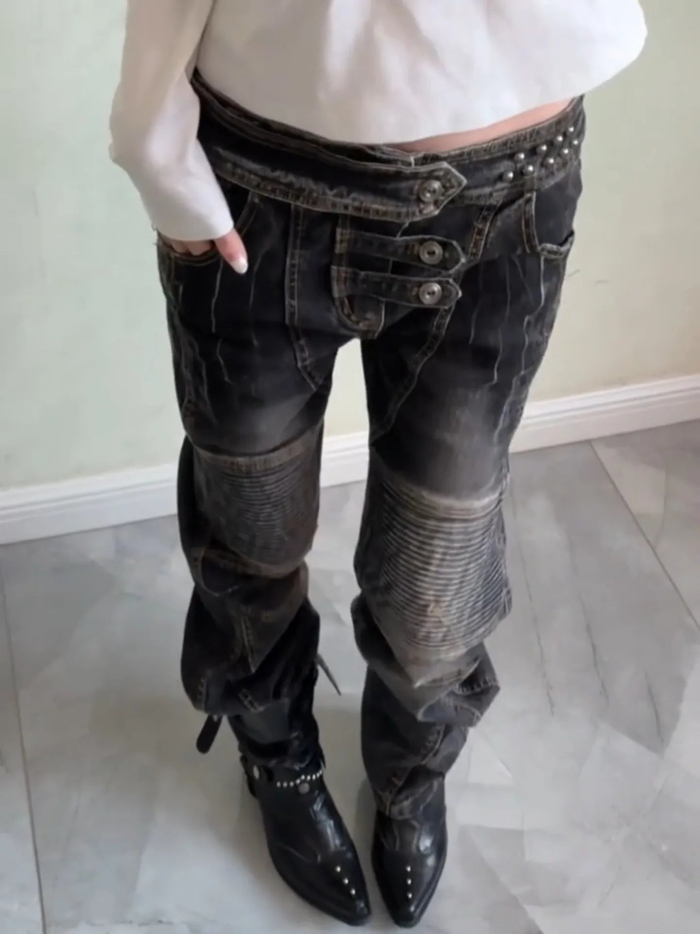 Women's Dark Academia Low Rise Stacked Jeans American Retro Denim Pants Y2k Abi Designer Skinny Jeans Harajuku Japanese Goblin
