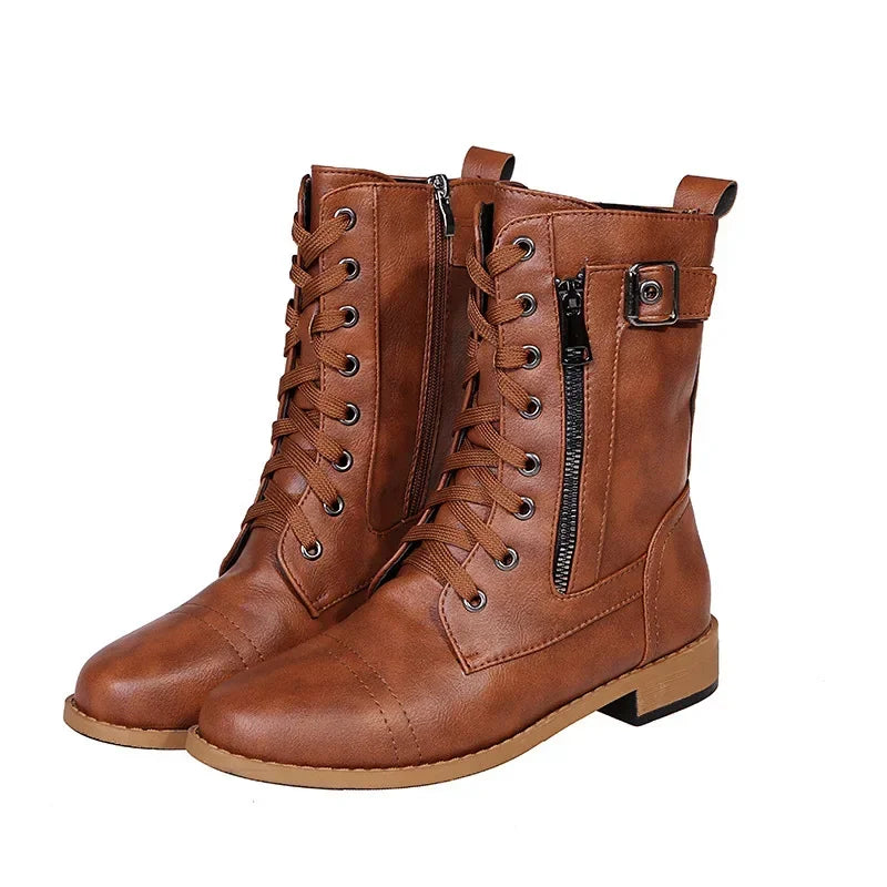 Women's Square Heels Ankle Booties  Autumn Winter PU Leather Short Work Boots Woman Plus Size Lace Up Elastic Botas Mujer 2024