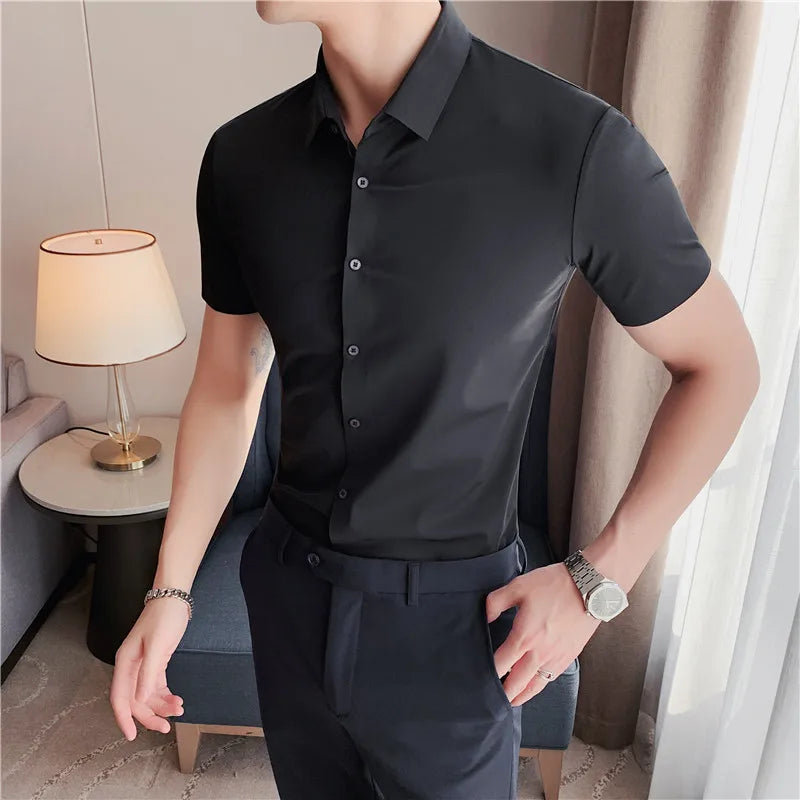Men's Ultra Stretch Seamless Long Sleeve Shirt Top Quality Business Casual Breathable Stretchable Solid Color Formal Dress Shirt