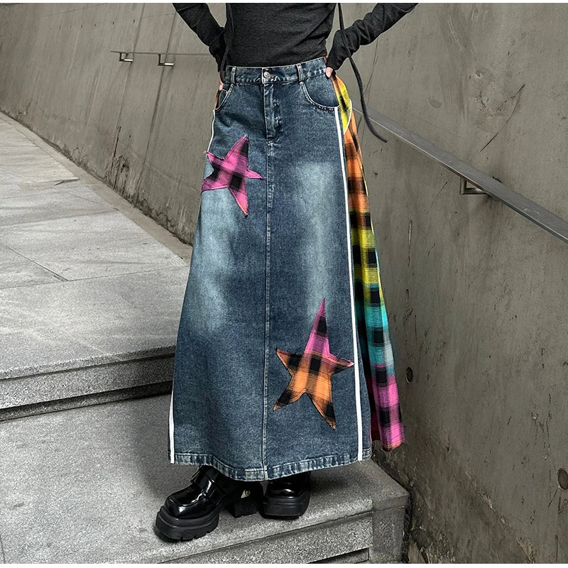 High Fashion Denim Skirt Women Elastic High Waist A-Line Long Skirt Female Colorful Patchwork Plaid Jean Skirt