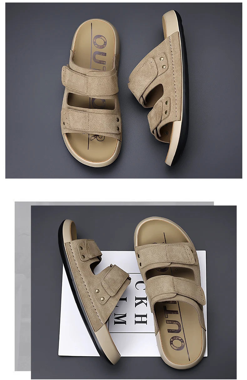 2026 Mens Sandals Slip On Leather Casual Couple Shoes For Men Soft Comfortable Mens Summer Shoes Handmade Men Outdoor Slippers