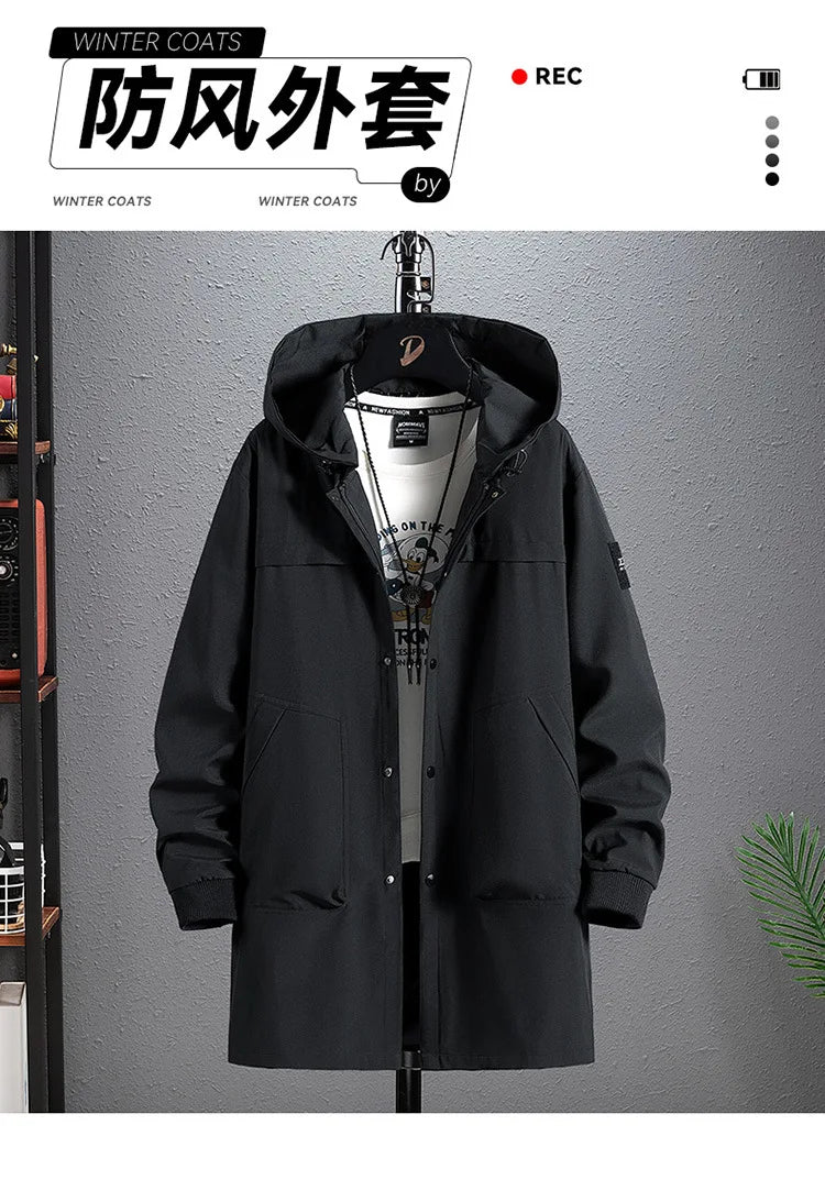 Big Size 9XL Men's Long Trench Coat Hood Fleece Thick Windbreaker Male Autumn Winter Lightweight Plus Large Oversize Hat Zipper