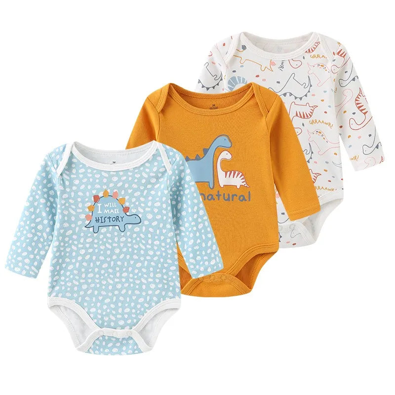 100% Cotton Jumpsuits 3Pieces Newborn Baby Boy Clothes Cartoon Bodysuit Print Long Sleeve Baby Girls Clothes 0-12M Spring Autumn