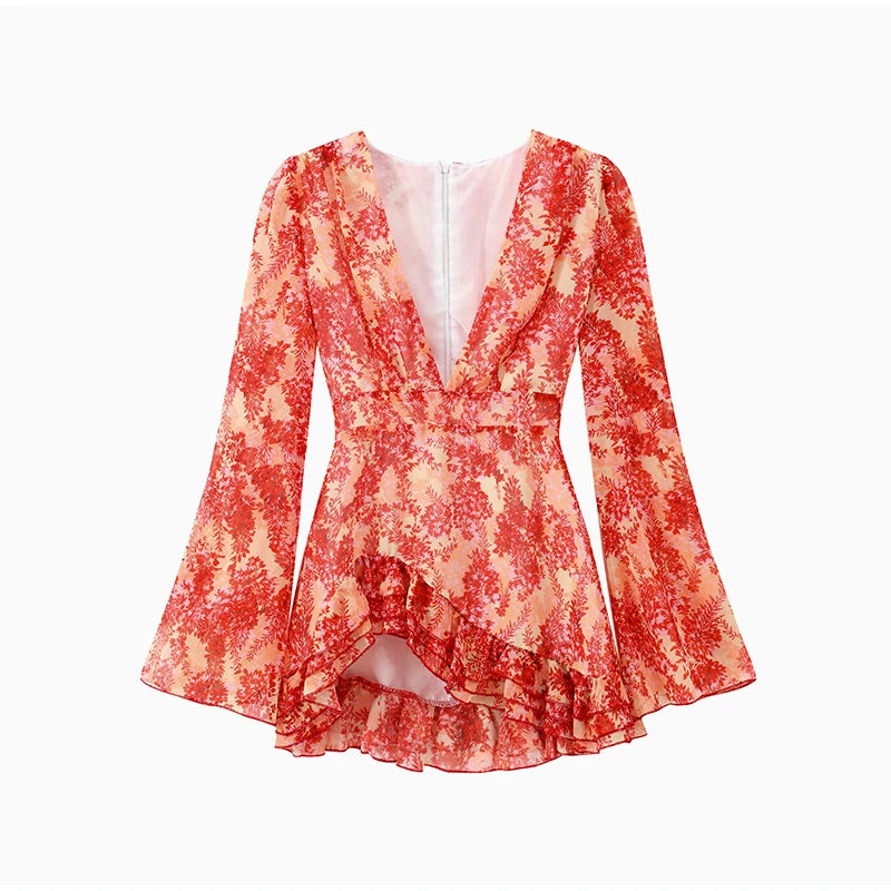 Elegant Ruffle Print Slim Short Dress Women Chic Patchwork Flared sleeves V-neck Pleated Dresses 2026 Lady Summer Casual Vestido