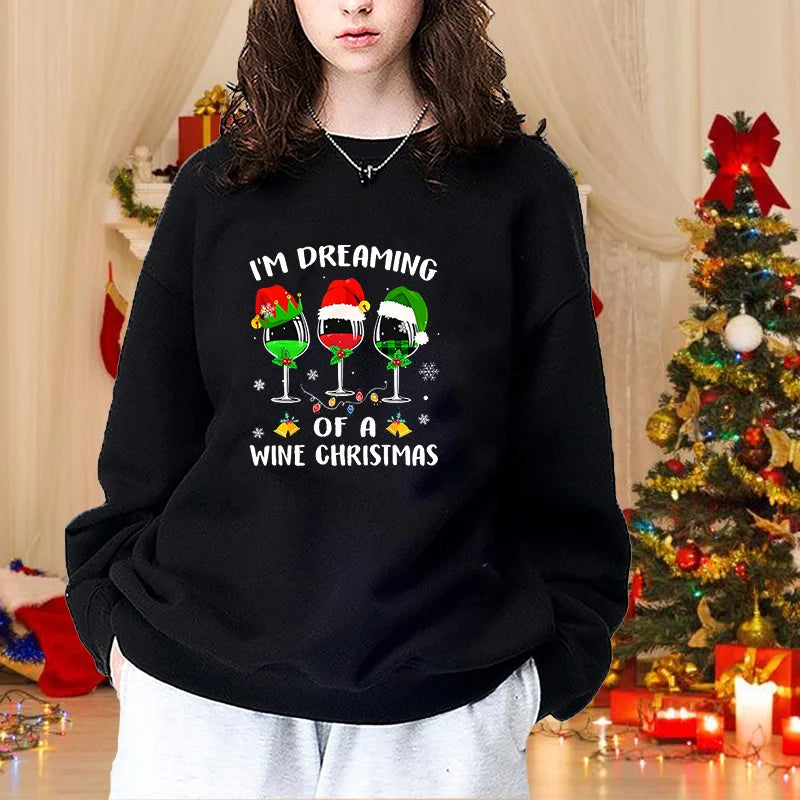 Autumn Winter Fashion Christmas Red Wine Glasses Woman Round Neck Pullover Christmas Casual Loose Sweater Red Wine Glasses Top