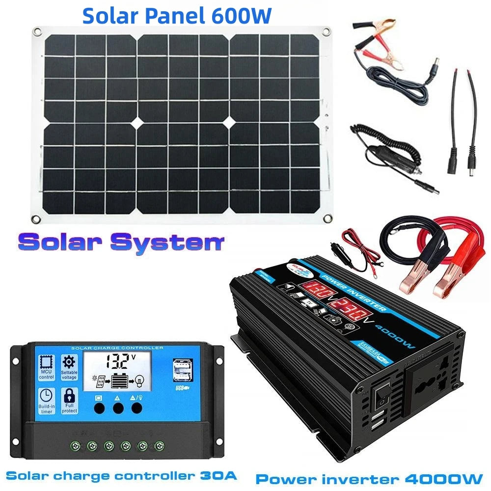 4000W Solar Inverter Kit Complete 12V to 110V/220V Solar Panel System 12V Solar Panel Battery Charge Controller Power Generation