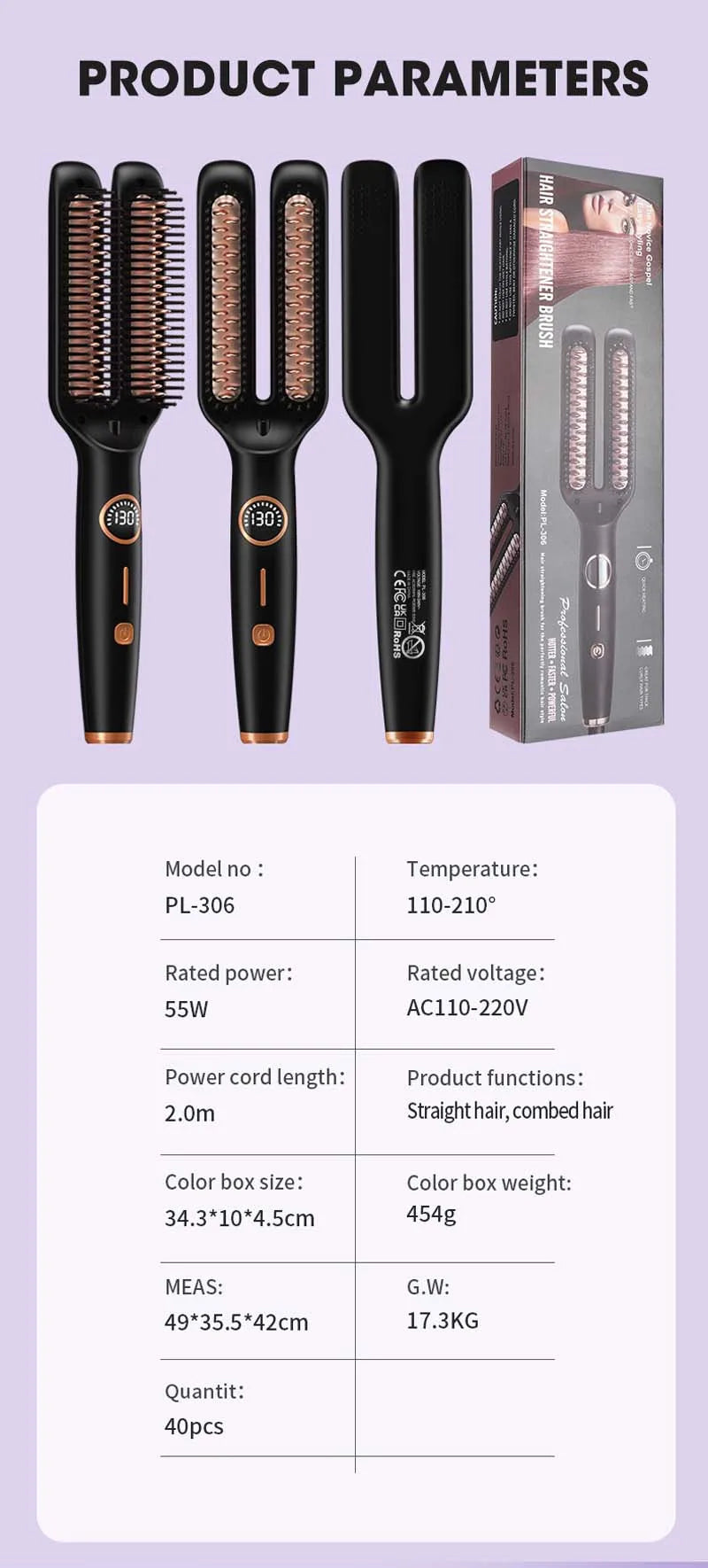 Professional Hair Straightener Brush Ionic Double Heating Plate 5 Temp Ceramic Heating Comb For Fast Lcd Display Styling Tool