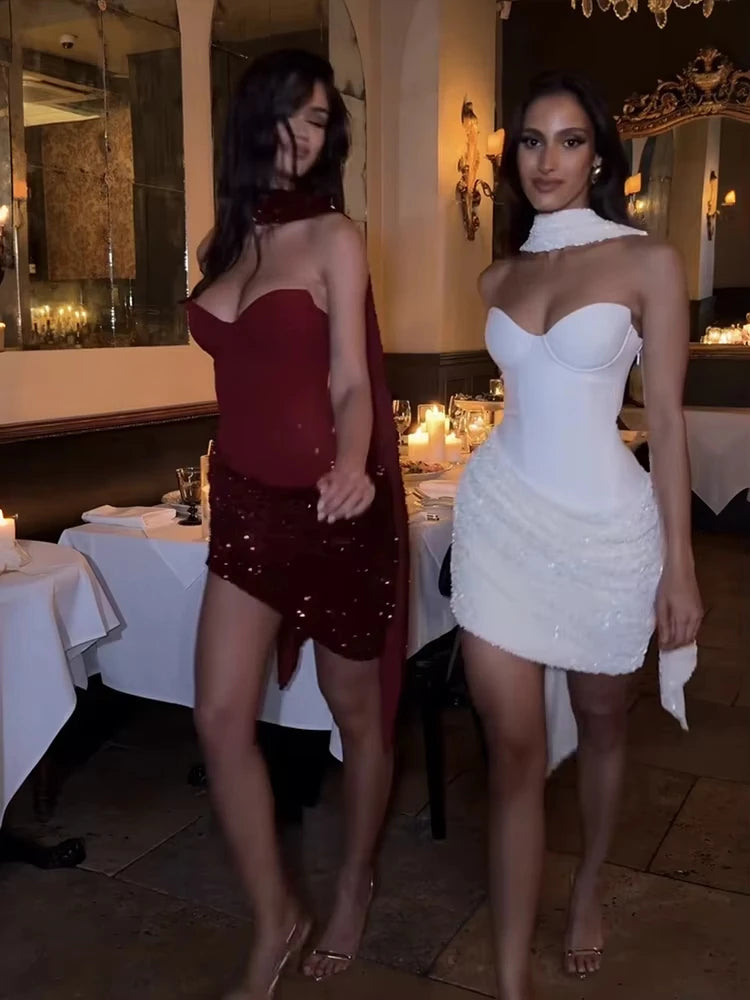 Chic Sequin Patchwork Strapless Mini Dress Women Scarf Collar Off-shoulder Waist Cinching Pleated Robe Lady Evening Party Gowns